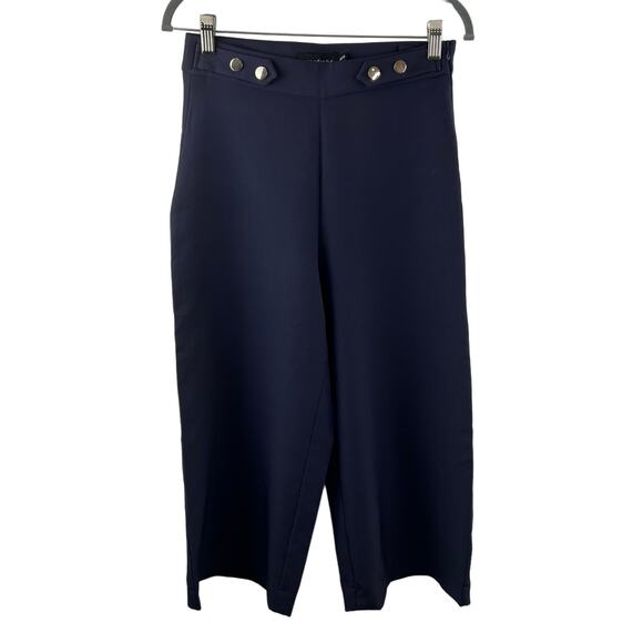 Wardrobe Navy Blue Wide Leg Cropped Pants Stretch Button Tab Accent Size 26/8 - Picture 1 of 7